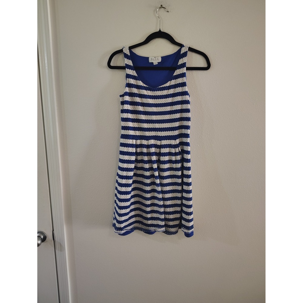 Elle Blue Whiteâ Striped Eyelet Fit and Flare Dress Sleeveless Size 4 Nautical